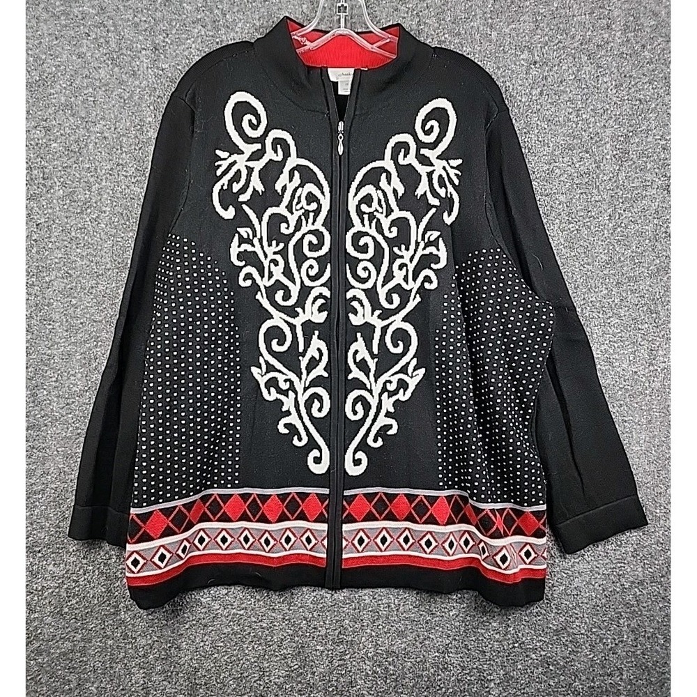 CJ‎ Banks Womens Sweater 2X Plus Black Full Zip Nordic Cardigan Knit Long Sleeve